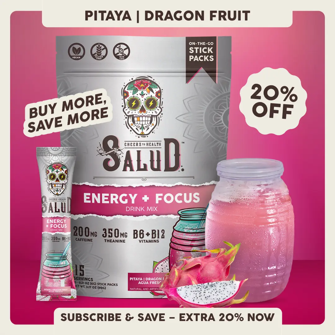 Salud 2-in-1 [Energy + Focus – Pitaya | Dragon Fruit] Clean Energy Drink Mix, Agua Fresca, Organic Caffeine (200mg), L-Theanine (350mg), L-Tyrosine, Vegan, Non-GMO, Gluten Free, Low Calorie, 1g Sugar (15 Servings)