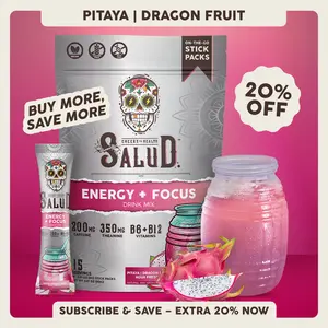 Salud 2-in-1 [Energy + Focus – Pitaya | Dragon Fruit] Clean Energy Drink Mix, Agua Fresca, Organic Caffeine (200mg), L-Theanine (350mg), L-Tyrosine, Vegan, Non-GMO, Gluten Free, Low Calorie, 1g Sugar (15 Servings)