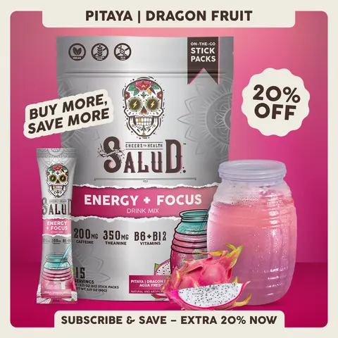Salud 2-in-1 [Energy + Focus - Pitaya | Dragon Fruit] Clean Energy Drink Mix, Agua Fresca, Organic Caffeine (200mg), L-Theanine (350mg), L-Tyrosine, Vegan, Non-GMO, Gluten Free, Low Calorie, 1g Sugar (15 Servings)