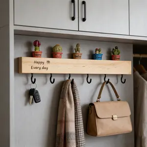 Cute Plant Keychain Holder Wall Mounted, Wooden Key Rack with 6 Hooks, Wooden Wall Shelf, Decorative Storage for Hallway, Corridor, Living Room, Home Decoration