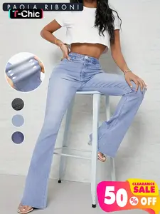 Women's Elastic Casual Denim Jean Bell Bottoms, Slim-Fitting Natural Waist Pants, Plain Pattern, All Seasons, Pockets Design, Womenswear