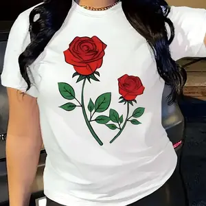 Red Rose Graphic Tee Floral Print T Shirt Cute Aesthetic Streetwear Soft Casual Short Sleeve Crewneck Unisex Top Everyday Outfit Vacation Gift