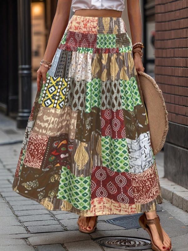 Plus Size Bohemian Maxi Skirt for Women - High-Waist A-Line Skirt with Vibrant Multi-Color Floral & Geometric Print, Fitted & Ruffled Hem, Machine Washable, All-Season Wear for Spring/Summer/Fall, Versatile Fashion Bottom