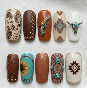 Western Cowboy Press On Nails, 3D Leather Texture, Revolver, Bull Skull, Aztec Manicure Nails
