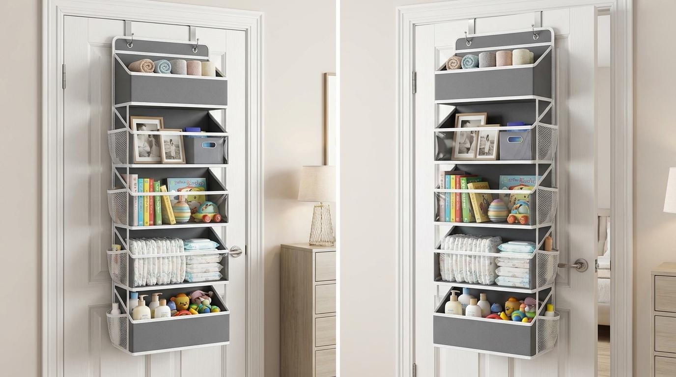 Over-the-Door Organizer, 5-tier, large capacity, heavy-duty hanging storage with 5 large pockets and side pockets; supports up to 44–60 lb; anti-tilt design for bedroom, bathroom, closet, dorm; space-saving door organizer for clothes, baby items, pantry e Over-the-Door Organizer, 5-tier, large capacity, heavy-duty hanging storage with 5 large pockets and side pockets; supports up to 44–60 lb; anti-tilt design for bedroom, bathroom, closet, dorm; space-saving door organizer for clothes, baby items, pantry e