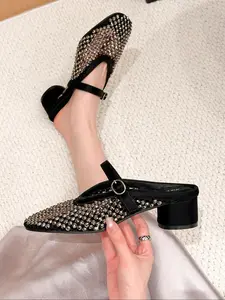 Women's Fashionable Rhinestone Decorated Mule Heels, Elegant Pointed Toe High Heel Shoes for Party, Daily Clothing Decor for Women & Girls, Footwear
