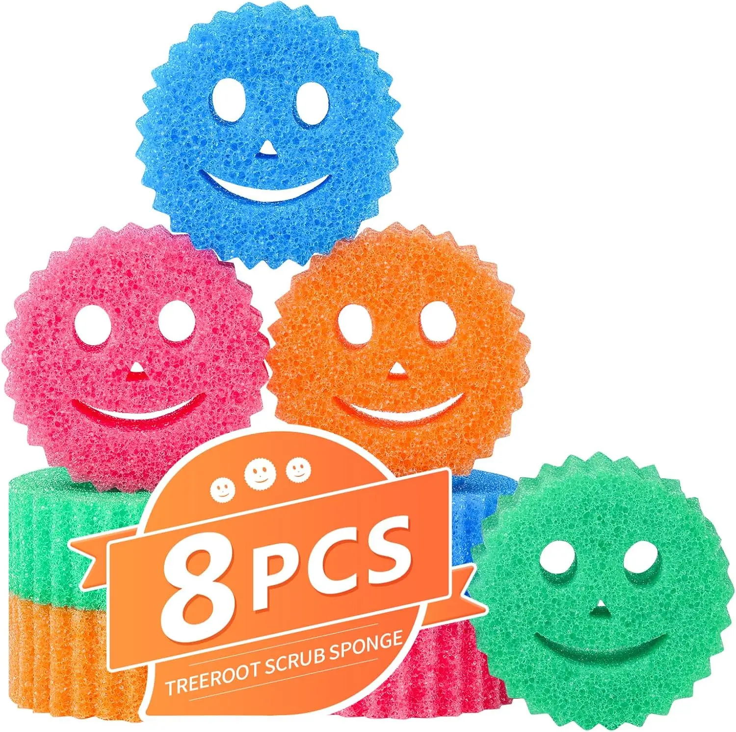 Temperature-Controlled Kitchen Scrub Sponges, 8 Colorful Smile Design Bulk Sponges for Treeroot Cleaning (Home Care Supplies, Scouring Pads)