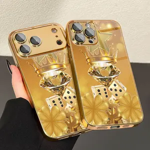 1PC Gold Shiny Crown Diamond Dollar Sign Pattern Electroplated Gold High-Definition Glass Phone Case Cover for iPhone 17/17Pro/17ProMax/17Air/16/16Pro/16ProMax/16Plus/16e/15/15Pro/15ProMax/14/14Pro/13/13Pro/12/12Pro/12ProMax/11/11Pro