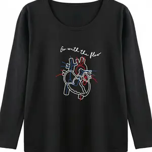 Graphic Tee Women Go With The Flow Anatomical Heart Print Casual Medical Themed Relaxed Fit Comfy Top Trendy Minimalist Aesthetic Nurse Or Biology Student Gift Long Sleeve Streetwear Womenswear