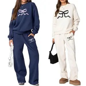 Two-Piece Women’s Lounge Set – Fall Sweat Suit with Bow Print, Long Sleeve Crew Neck Pullover Top and Wide-Leg Sweatpants, Matching Tracksuit Clothing, Navy
