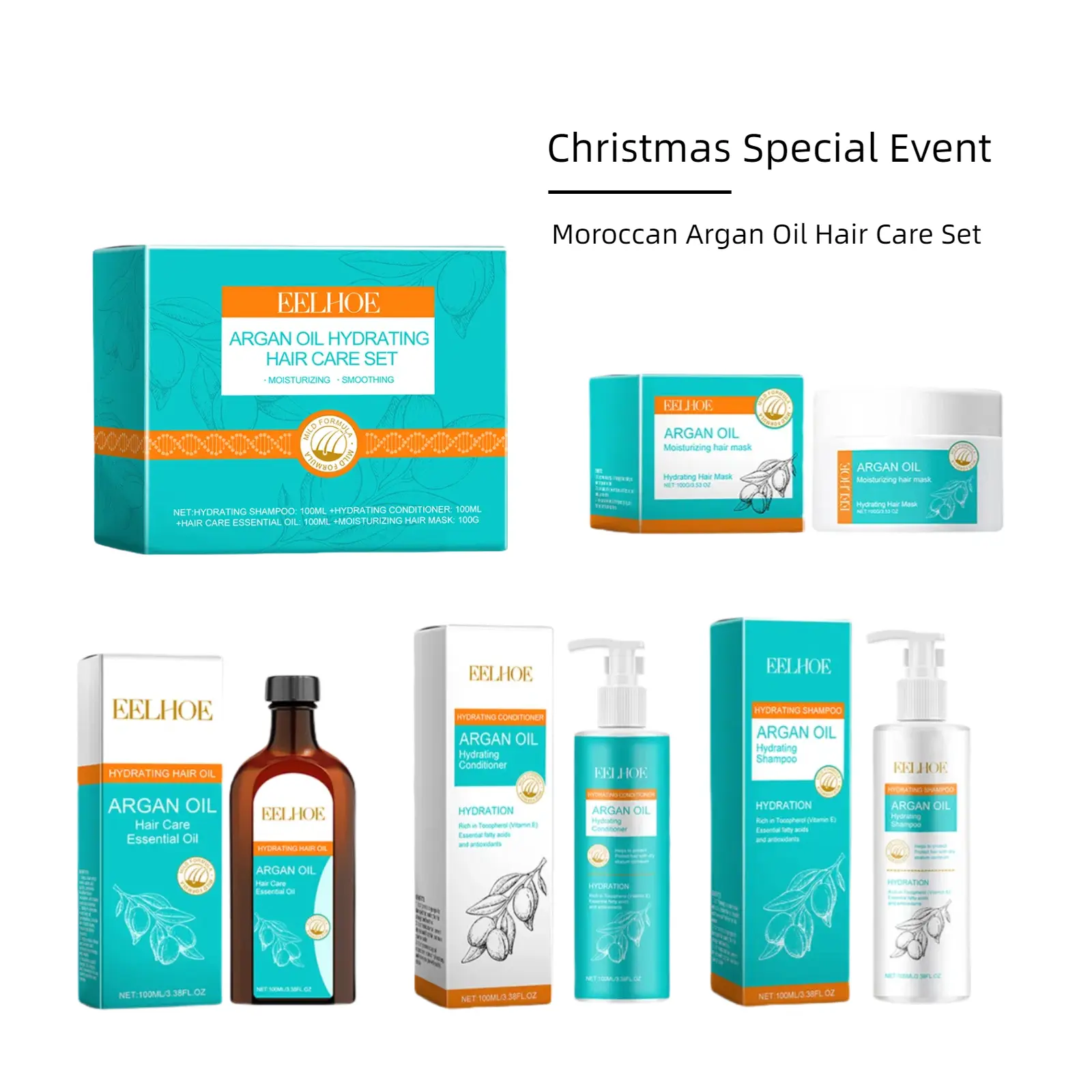 Moroccan Argan Oil Hair Care set, 1 set shampoo & Conditioner & hair mask & hairoil,Haircare Fluffy,Moisturize natural ingredient Cleanser Moisturizer Mild Repair
