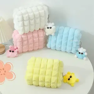 Fuzzy Quilted Makeup Bag with Adorable Keychain, Soft Plush Cosmetic Organizer, Portable Travel Daily Cosmetic Bag for Women