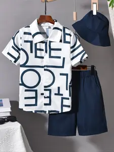 Three-piece Set Boy's Letter Print Short Sleeve Shirt & Hat & Shorts  Set, Casual Summer Outfits Clothes for Kids Outdoor Holiday, Kids Clothing Sets, Graphic Print Set