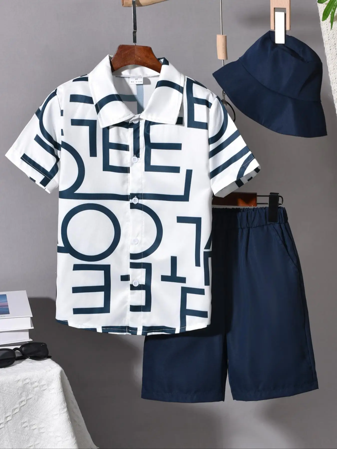 Three-piece Set Boy's Letter Print Short Sleeve Shirt & Hat & Shorts Set, Casual Summer Outfits Clothes for Kids Outdoor Holiday, Kids Clothing