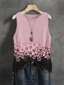 Elegant Floral Patchwork Round Neck Sweater Vest, Casual Sleeveless Knit Top for Spring Summer Fall, Comfortable Breathable Women's Clothing