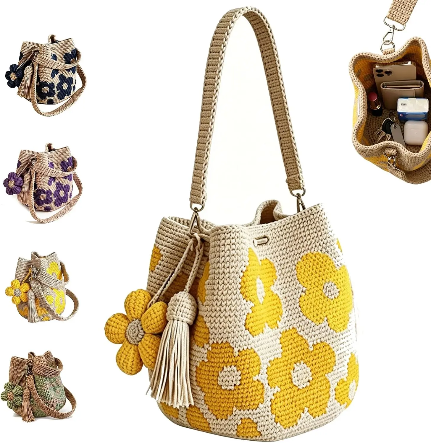 Handmade Crochet Flower Tote Bag Boho Floral Knit Purse with Cute Charm for Summer Vacation Women
