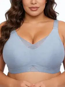 Plus Size Women's Mesh Lace Bralette, Adjustable Strap, Breathable Jelly Fabric, Side Wing Lift Medium Support, Perfect for Everyday Wear