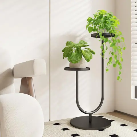 Bamworld 2-Pot U-Shape Black Modern Metal Plant Stand - Sleek & Minimalist Design, Secure & Stable Support, Sturdy Frame, Raised Vertical Rack, Natural Light-Friendly, Quick Assembly & Convenience, Living Room Corner Decor, Flower Pot Accessory