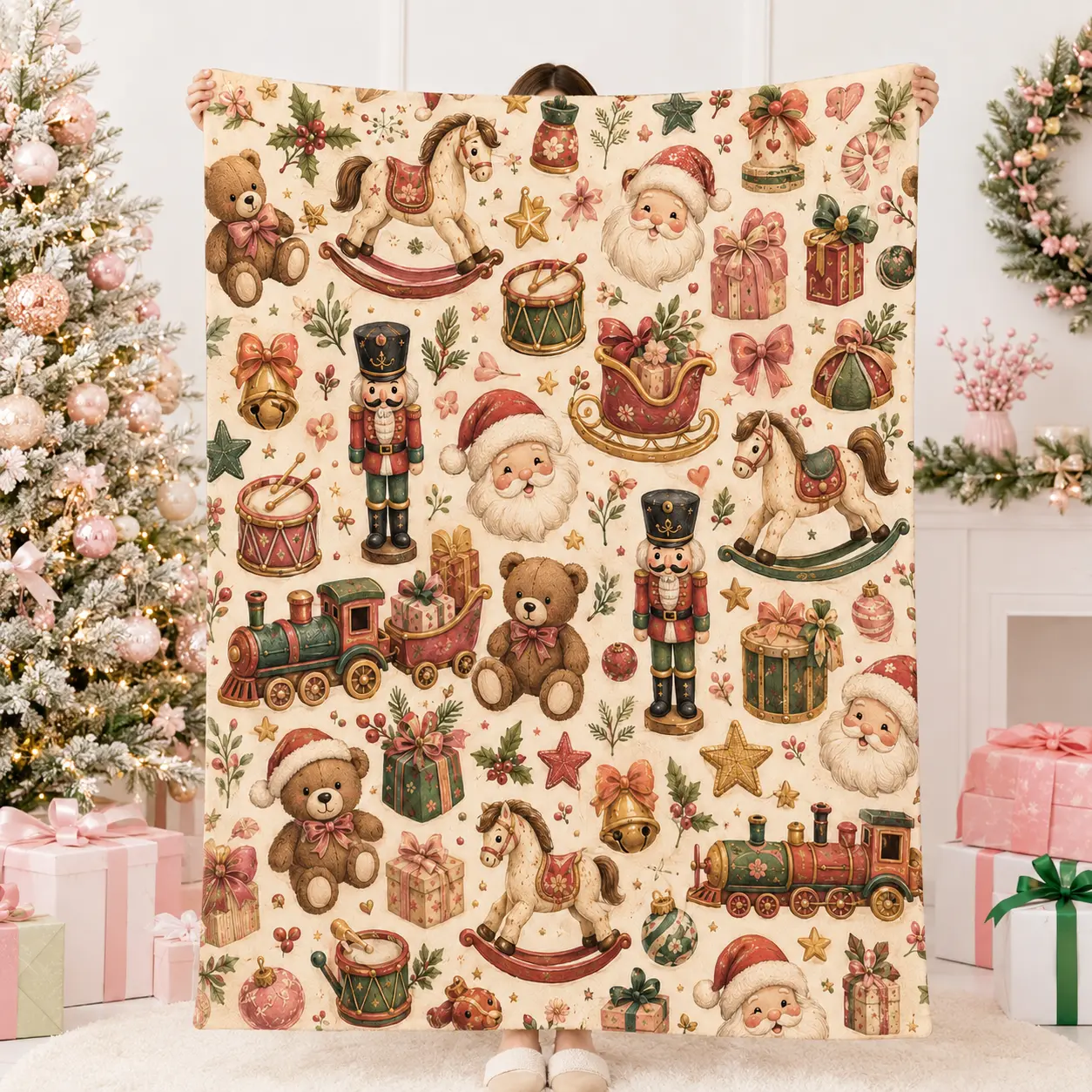 Vintage Christmas Toy Throw Blanket, Soft Flannel Santa Teddy Bear Rocking Horse Nutcracker and Train Artwork for Bedroom and Winter Lounge Decor, Cozy Lightweight Bed Throw for Movie Night, Christmas Gift for Families and Vintage Holiday Decor Fans