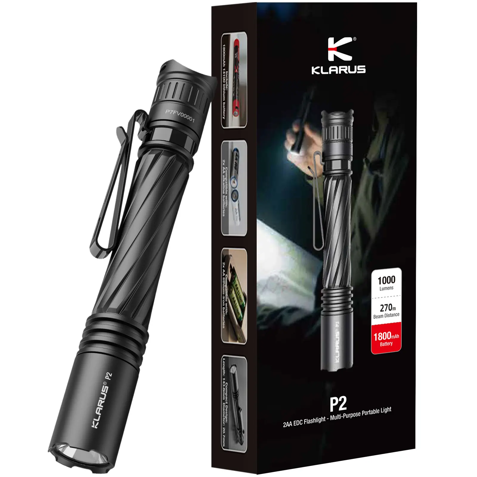 KLARUS P2 Tactical Pen Light, 1000 Lumens USB-C Rechargeable EDC Flashlight with 886 Ft Long Beam, 2AA Compatible, IPX8 Waterproof Compact Pocket Light for Outdoor, Emergency and Everyday Carry Festive Decorations
