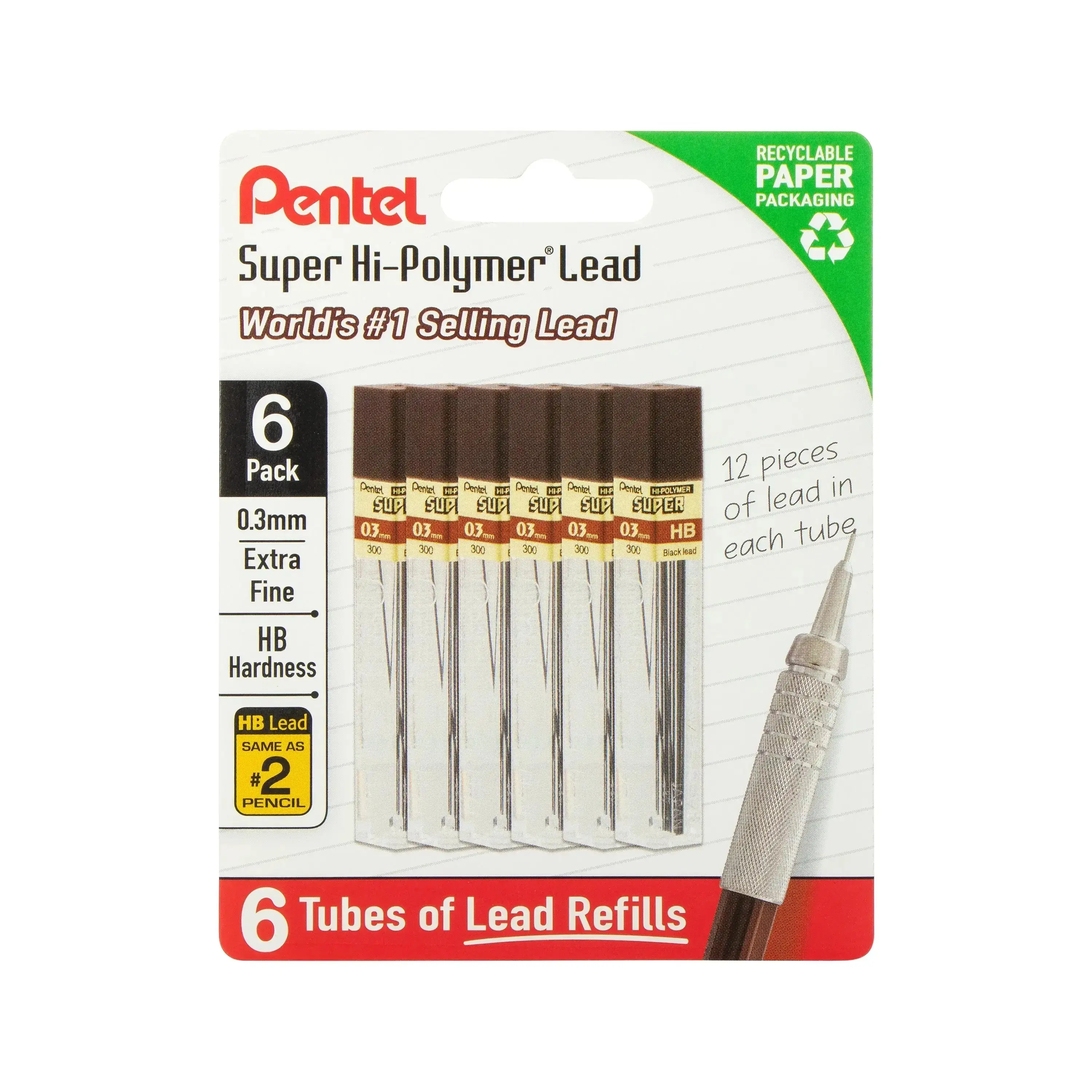 Pentel Super Hi-Polymer Extra Fine 0.3mm Mechanical Pencil Lead Refills, 6-Tube Pack (90 Pcs Total) - Strong, Precise, Easy Erasing, Recyclable Packaging, Office Writing Tools for Ultra-Crisp Results & Crisp Lines