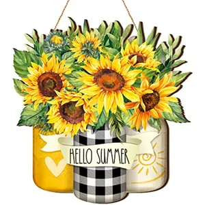 Sunflower Hello Summer Sign Welcome Summer Decorations Wood Flower Sign Sunflower Inspirational Door Hanger Outdoor Wooden Front Door Decor for Home Farmhouse Porch Kitchen