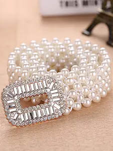 Women's Elegant Faux Pearl Decor Belt, Trendy Exquisite Rhinestone Decor Elastic Belt Fashion Luxury Accessories for Party, Daily Clothing Decor, Elastic Stretch Belts