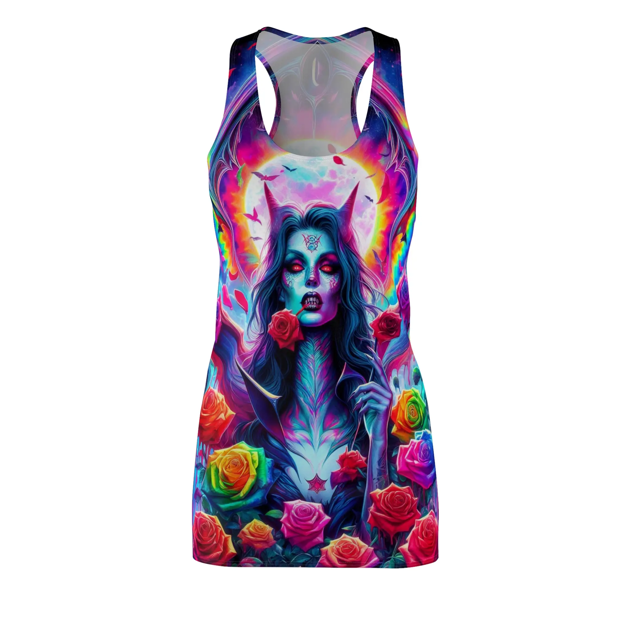 Gothic Witchy Racerback Dress, Trippy Alternative Punk Rock Women's Sleeveless Dress, Occult Clothing Casual Fabric Fashion Fit