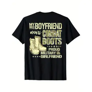 "My Boyfriend Wears Combat Boots Military Girlfriend Gift T-Shirt - Proud Military-Inspired Graphic Tee, 100% Cotton, Short Sleeve, Sizes S-XXXL, Perfect for Casual Wear or Gifting", Casual Wear Tee| Patriotic  double graphic tee