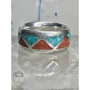Zuni Wedding ring turquoise chips  coral band size 4.50 pinky sterling silver women