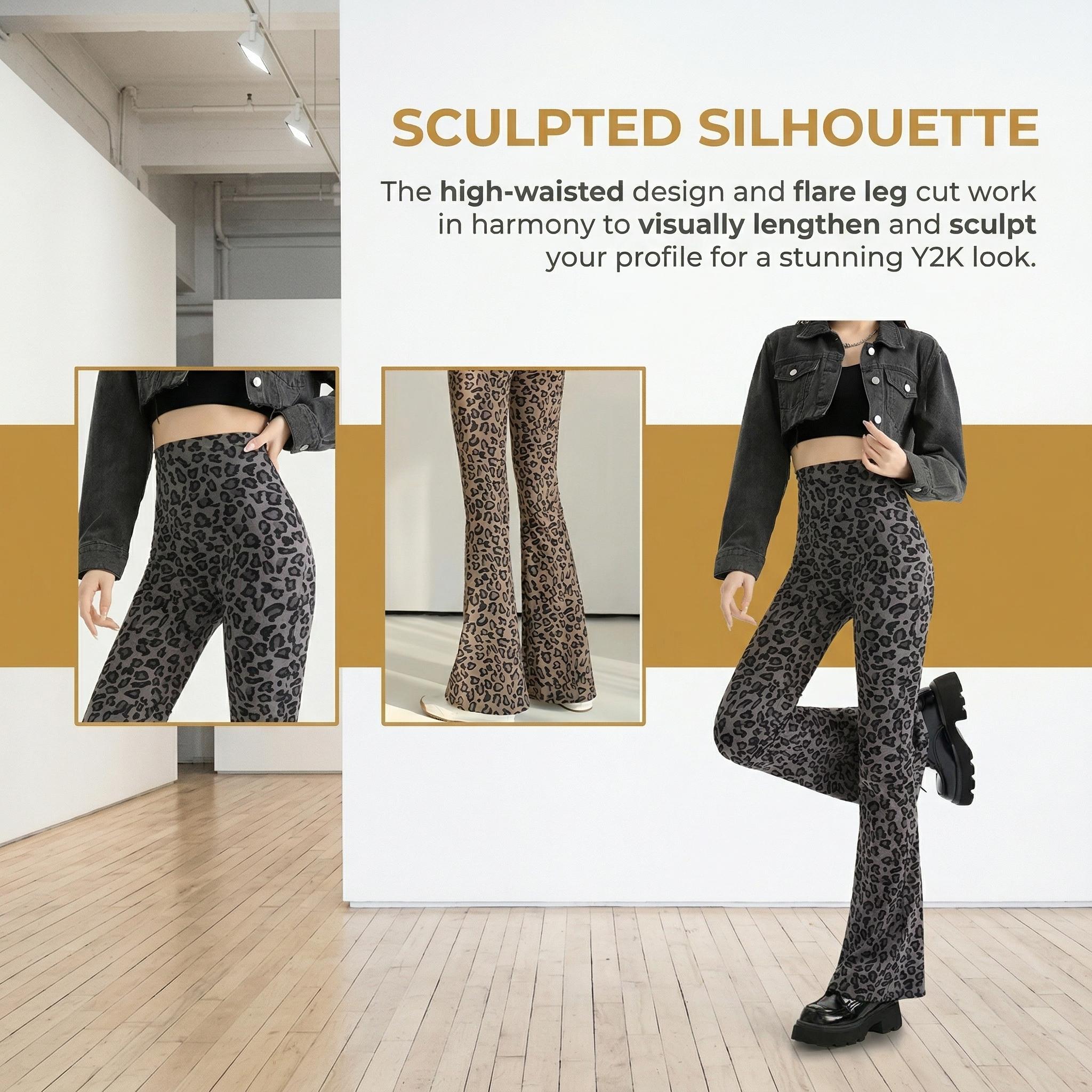 Women's retro leopard print high waisted flared pants - women's yoga pants - waist yoga pants roll control bell bottoms fit pants Y2K yoga, gym and casual sports women's high waisted, yoga flared pants tight sportswear