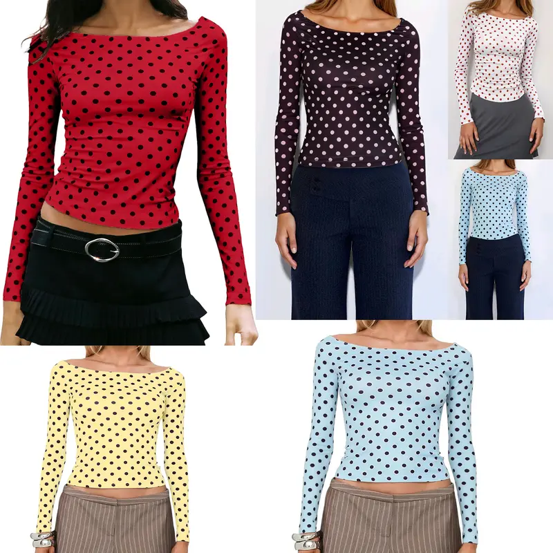 Women's Dot Print Crop Top | Fall Long Sleeve Crewneck Pullover, Casual Going Out Shirt