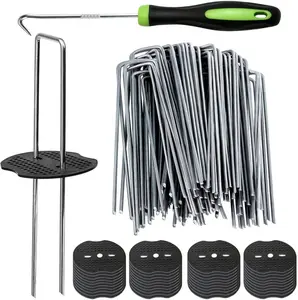 PINKART 101 Pcs Complete Landscape Staples Set (50 U-Shaped Ground Pegs + 50 Washers + 1 Pull Hook), Premium Heavy Duty Galvanized Steel, Rustproof & Weatherproof, Anti-Tear Secure Hold for Garden Fabric, Weed Barrier, Tents & Outdoor Yard Projects