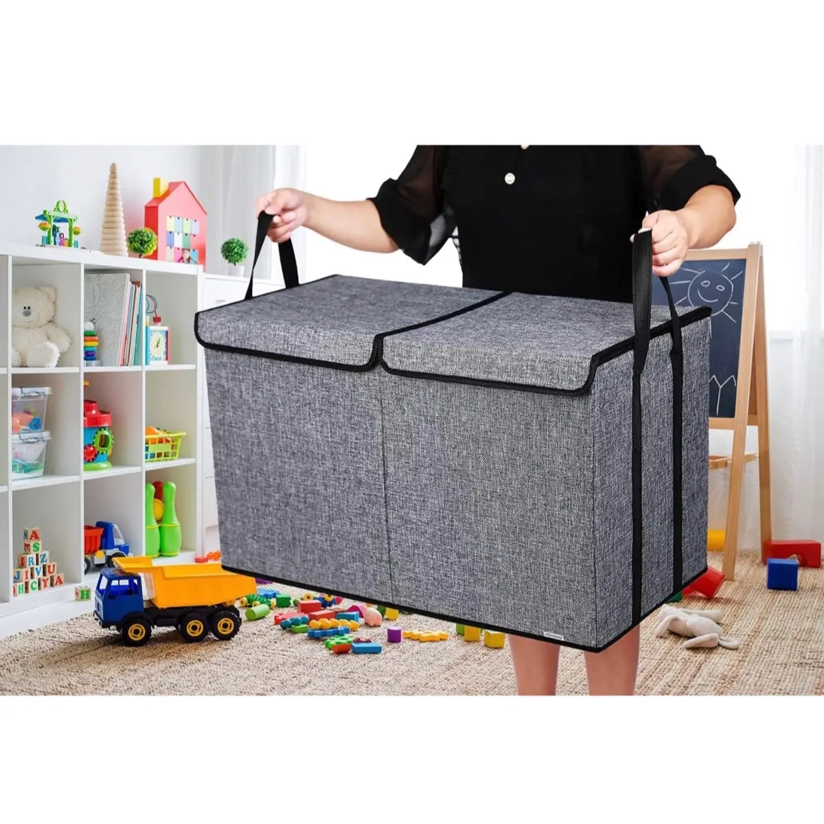 Large Kids Toy Box Chest Storage organizer with Double Flip-Top Lid - Collapsible Sturdy Toy Organizers And Storage Bins With Big Handles For Nursery, Playroom, 26.8"x13.8"x16"(Grey)