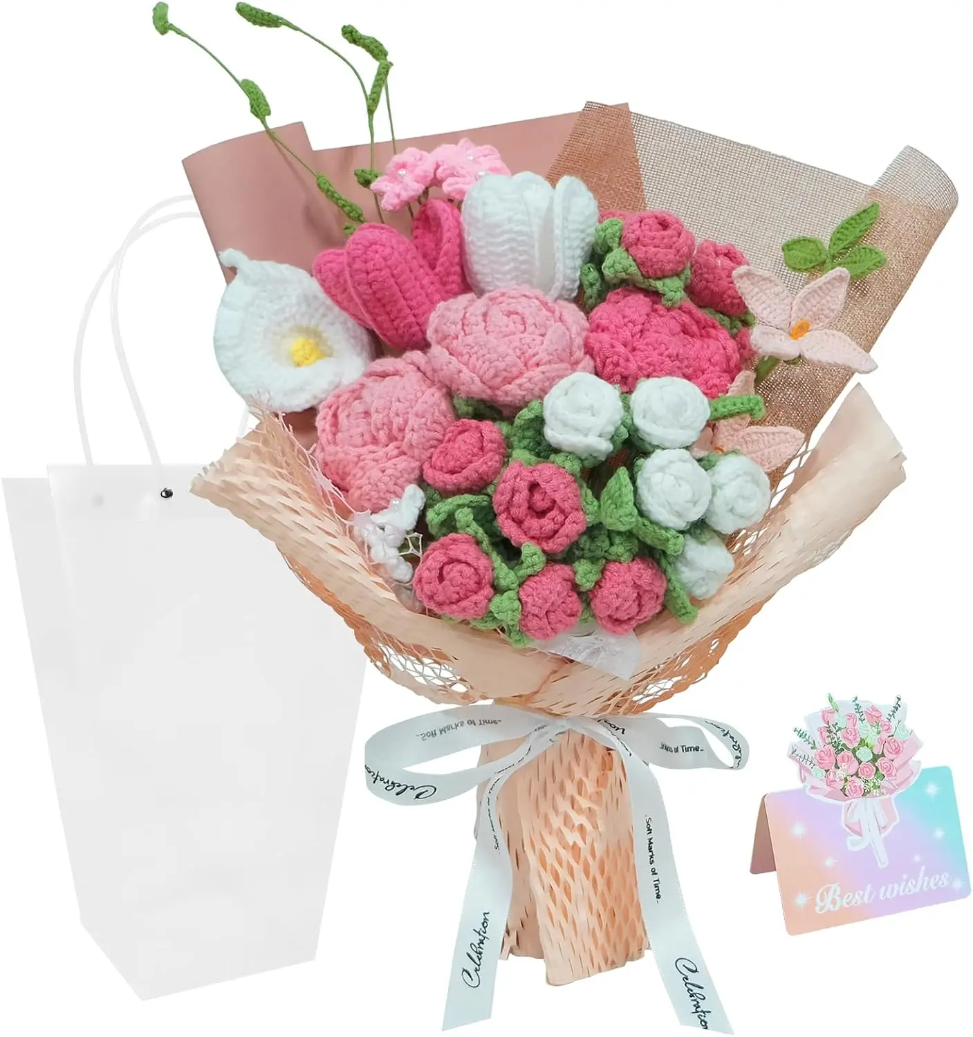 Luxurious Knitted Rose-Lily Bouquet Flowers, Ideal for Her (Wife/Lover), Perfect for Anniversary/Valentine's Day, with Gift Bag & Card (Home Decor Decorative Flowers), Lilies Flowers Bouquet