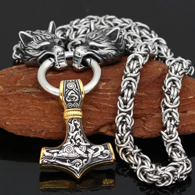 Men's Vintage Nordic Zinc Alloy Viking Wolf Head & Hammer Pendant Necklace, 1pc Male Classic Casual Retro Animal Costume Jewelry Accessory, One-Piece