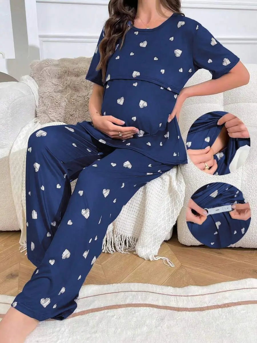 NOGN x Moonlight&Mama Pink Heart Print Nursing Friendly Short Sleeve Long Pants Maternity Pajama Set