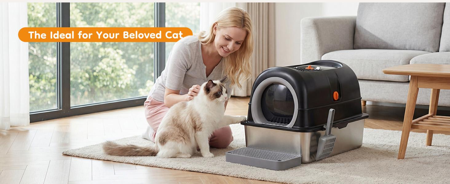 Stainless Steel Cat Litter Box with 3-in-1 Convertible Design, Dual Entrance, Litter Control Step Board & Charcoal Pack, Odor-Free, Durable, for Small to Large Cats