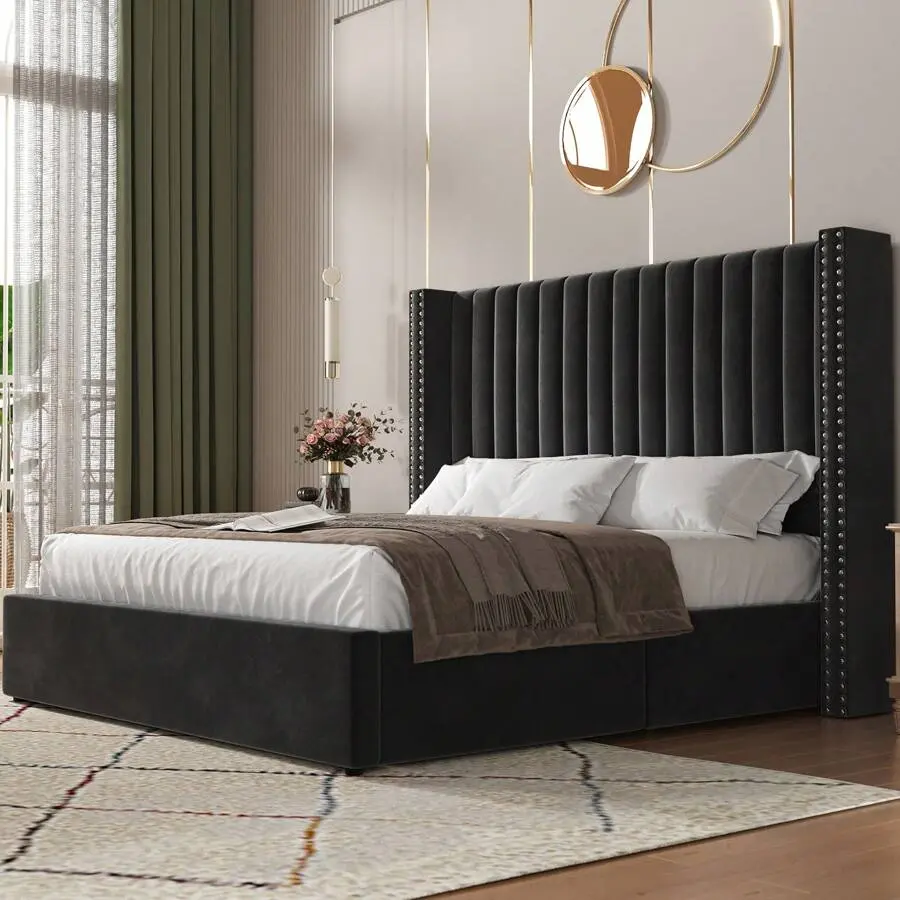 Tall Hydraulic Lift-Up Storage Platform Bed Frame with Channel Tufted Wingback Velvet Upholstery, Hidden Storage Compartment, No Box Spring Needed (Portable Design)