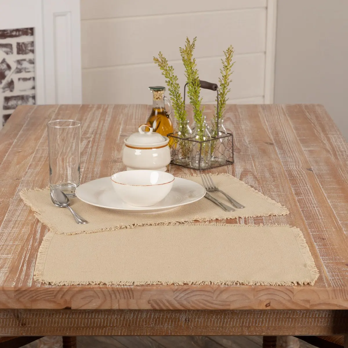 Fringed Edge Rectangle Cotton Burlap Vintage Tan Placemats - Set of 6, Kitchenware Tableware for Dining Table Use