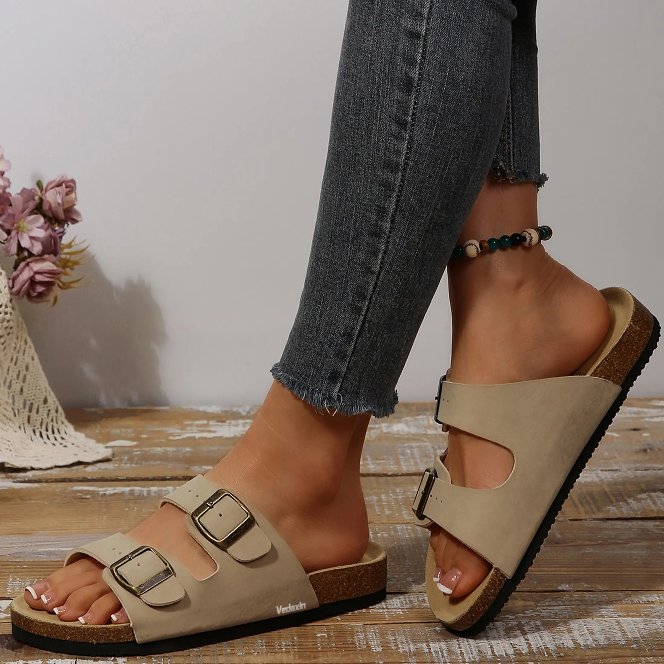 Women's Cork Footbed Sandal Soft Flat Open Toe Summer Slip On Slide Sandals with Adjustable Buckle Slippers