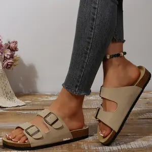 Women's Cork Footbed Sandal Soft Flat Open Toe Summer Slip On Slide Sandals with Adjustable Buckle Slippers
