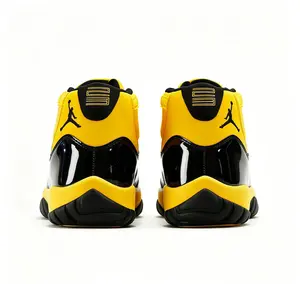 Brand New With Complete Shoe Box Bright Yellow Fabric Glossy Black Patent Leather High Top Retro Basketball Trainers Yellow Midsole Black Rubber Outsole Shock Absorbing Cushion Midsole Non Slip Street Athletic Daily Walking Sneakers