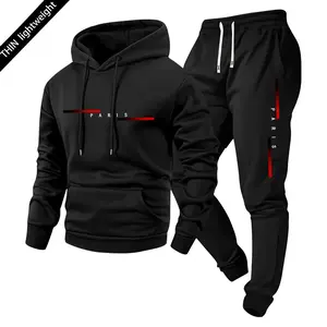 Men's hooded sweatshirt and casual pants set, featuring Paris lettering and colorful stripe print. A stylish and comfortable two-piece set for men, perfect for spring and autumn, ideal for outdoor activities, streetwear, vacations, and camping.