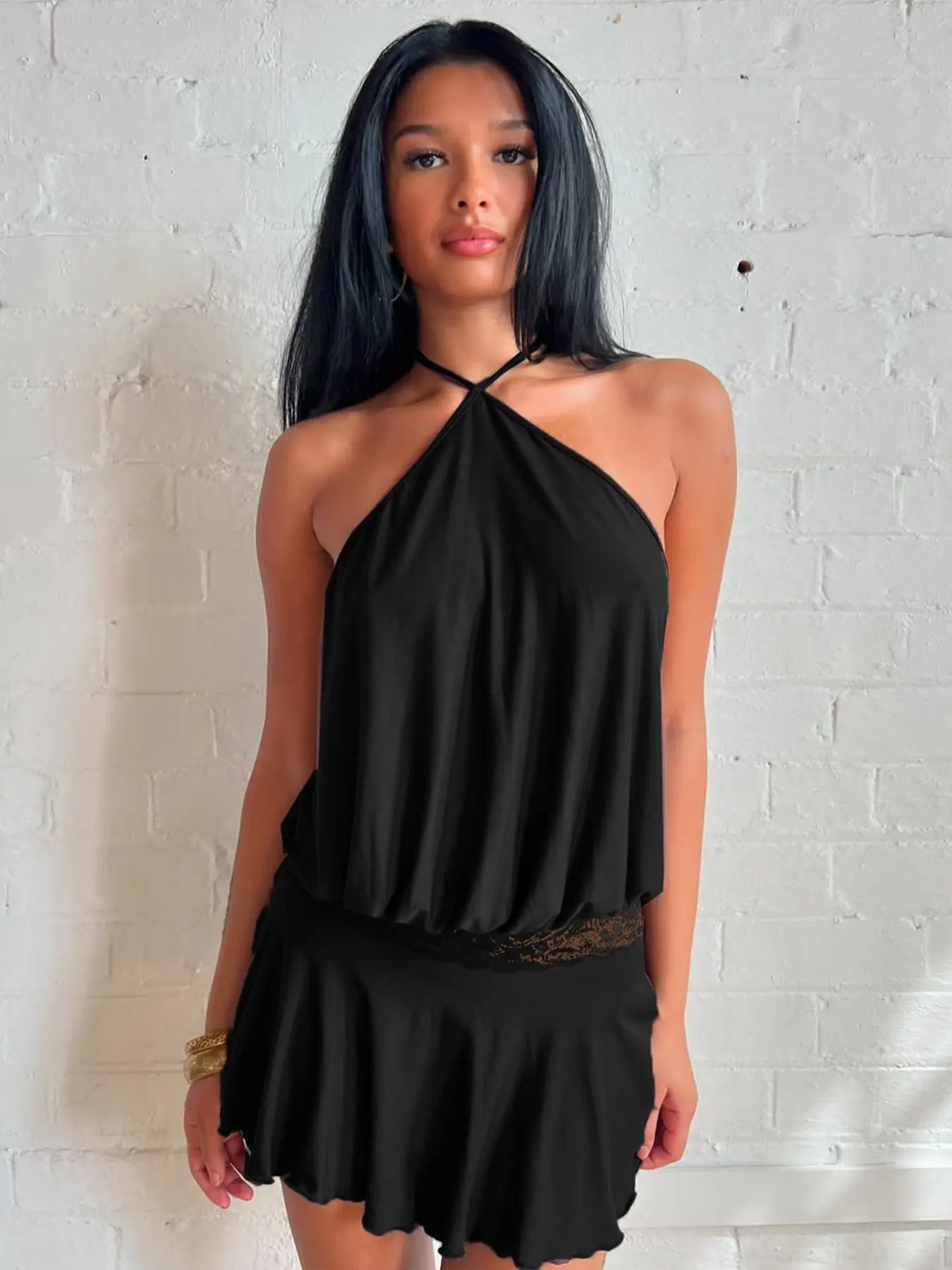 Women's Solid Color Lace Stitching Halter Neck Lace Up Sleeveless Backless Bodycon Slip Dress Plain Cut Women's Solid Color Lace Stitching Halter Neck Lace Up Sleeveless Backless Bodycon Slip Dress Plain Cut