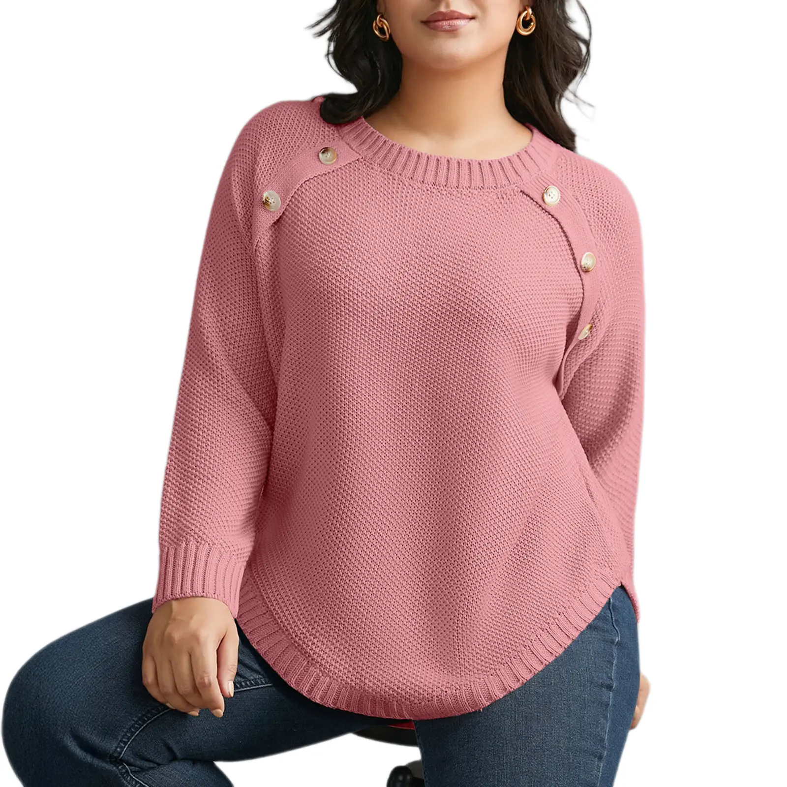 Eytino Womens Plus Size Textured Knit Button Raglan Long Sleeve Curved Hem Cozy Pullover Sweater (1X-5X)