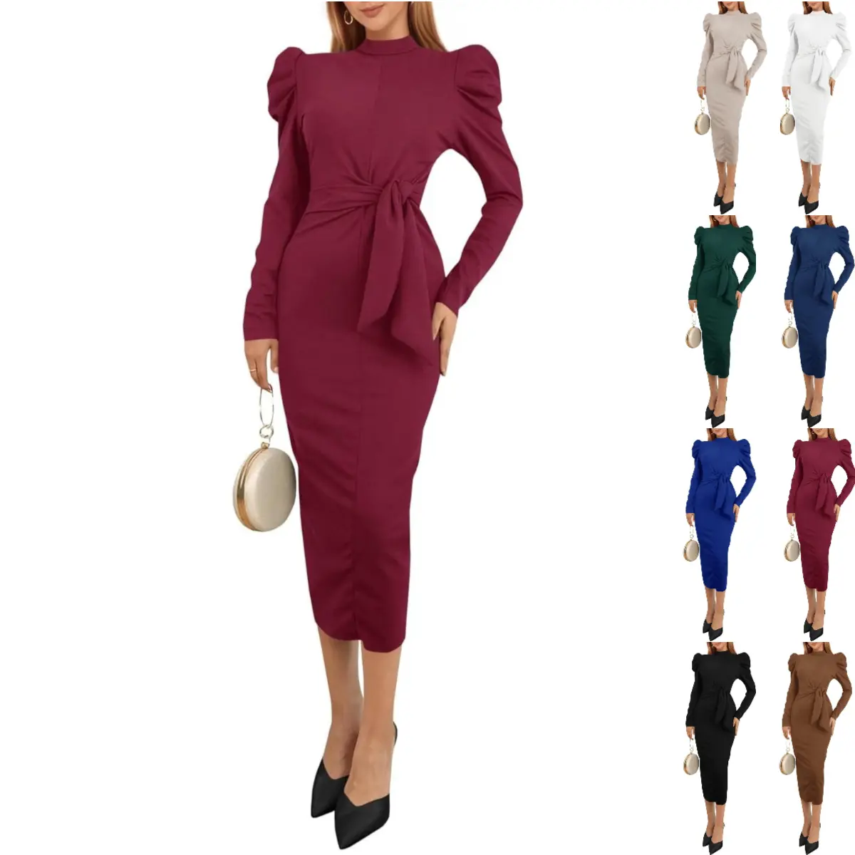 Imily Bela Women's Puff Long Sleeve Midi Dress Elegant Mock Neck Tie Waist Back Split Fall Bodycon Party Cocktail Dresses