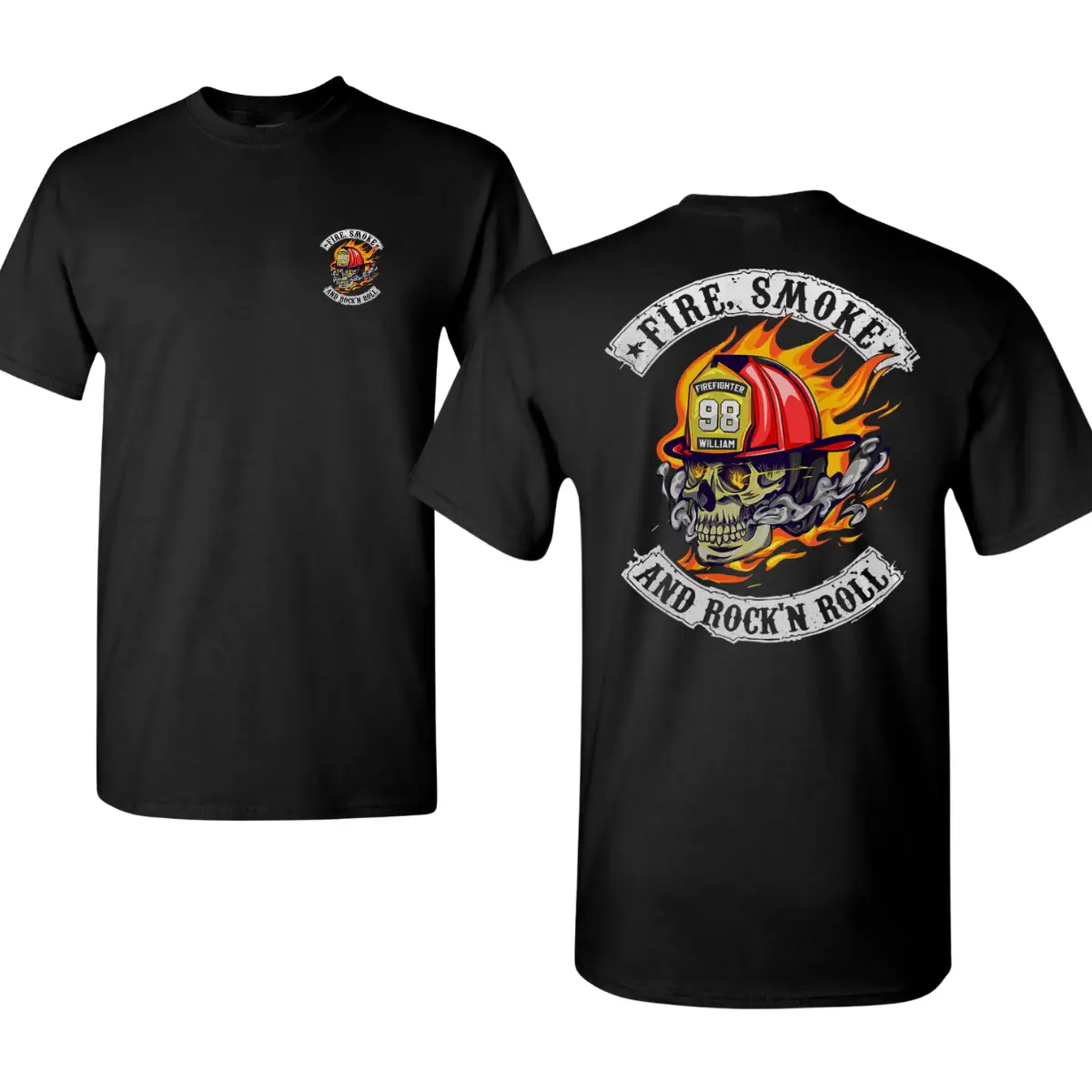 Firefighter Rock n Roll Shirt with Skull in Red Helmet, Flames and Smoke Graphic, Fire Smoke and Rock'n Roll Quote, Soft Cotton Blend Rescue Tee, Bold Fire Dept Style for Men & Women