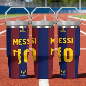 1pc 30oz Stainless Steel Insulated Mug - A must-have for Barcelona fans! Large capacity water bottle with Messi red and blue stripes, featuring a handle and straw. Suitable for outdoor, sports, and indoor use. A perfect gift for football fans