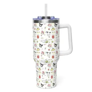 Cute Kawaii Friends 40oz Tumbler with Handle, Pastel Character Travel Cup Gift